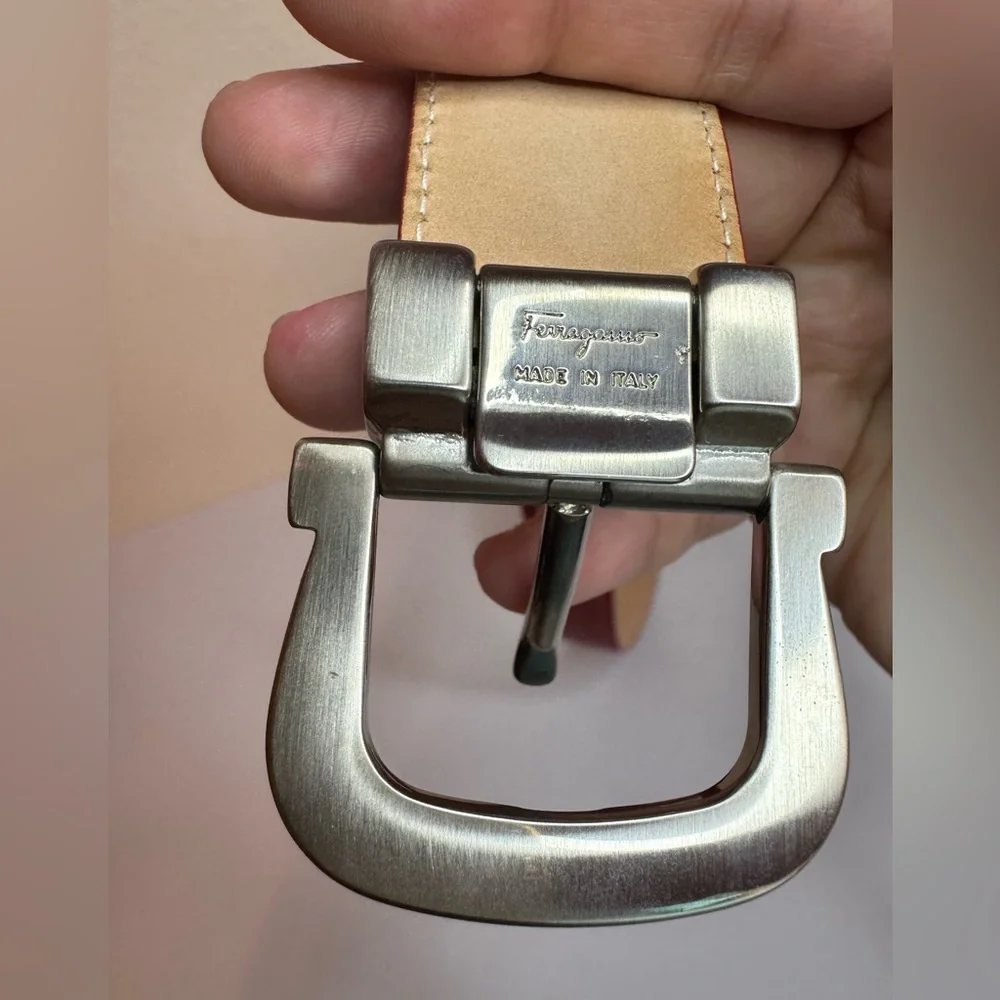 Salvatore Ferragamo Silver Metal Buckle Red Leather Belt 75cm